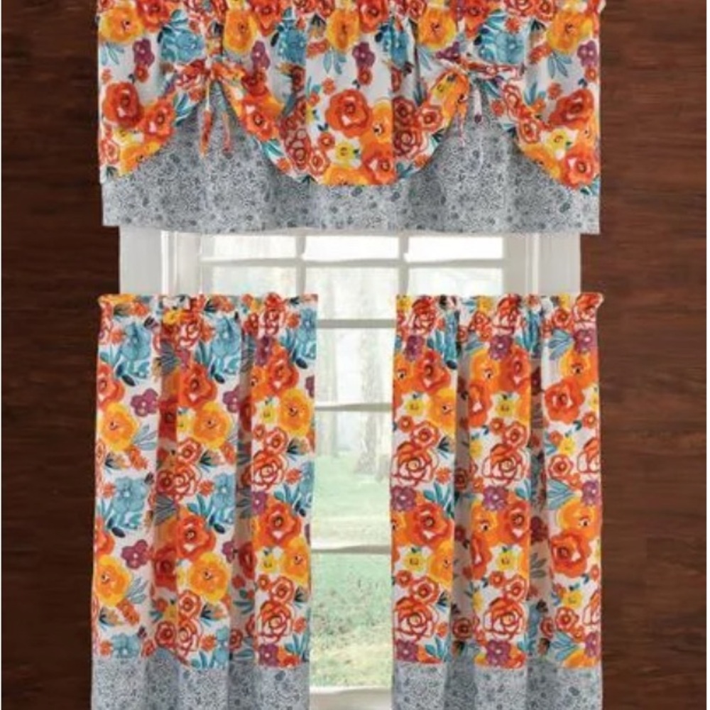 Floral Curtain Set with Orange and Blue Accents